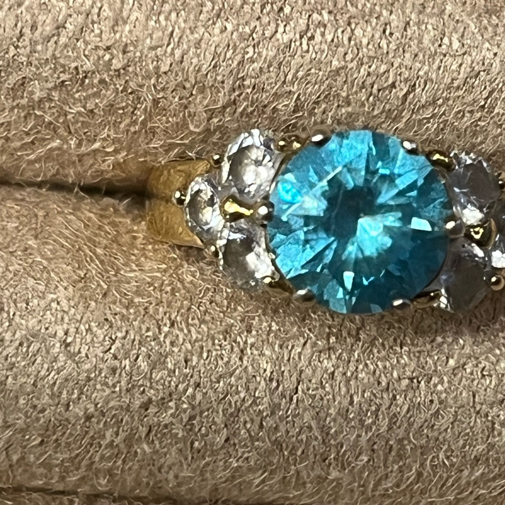 Gold plated simulated blue topaz ring size 6